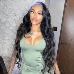 Billie Eilish Style Deep Part Green Pink Blue Roots On Black Hair Body Wave 13*6 Lace Front Wig