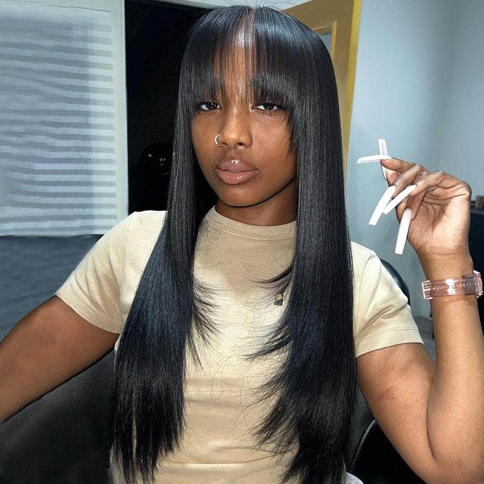 Cutie Girl! Natural Black Straight 13*4 Lace Frontal Wig With Bangs