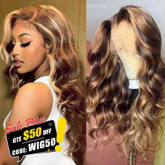 Promotion! Buy now and get a free pair of eyelashes! Honey Highlights Brown Body Wave Lace Frontal Wig