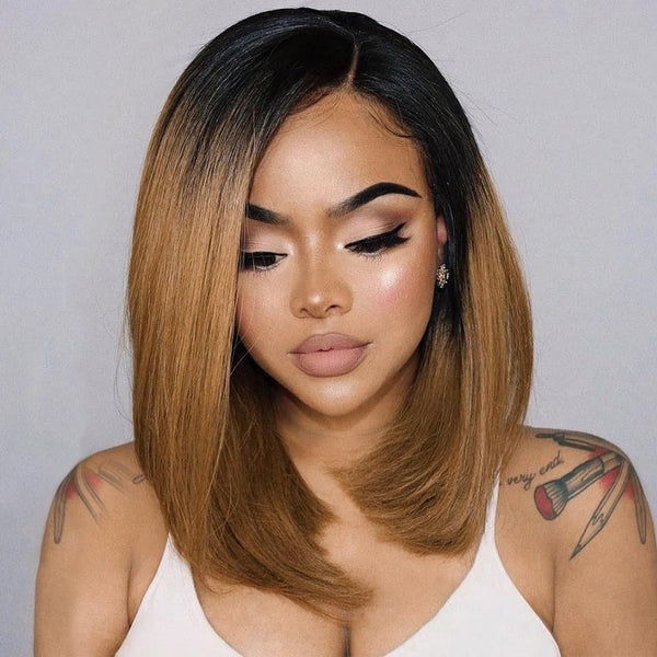 Ombré brown blunt bob midpart lace synthetic wig Ombre Brown Silky Blunt Cut Bob Glueless 7x6 Closure HD Lace  main image 3