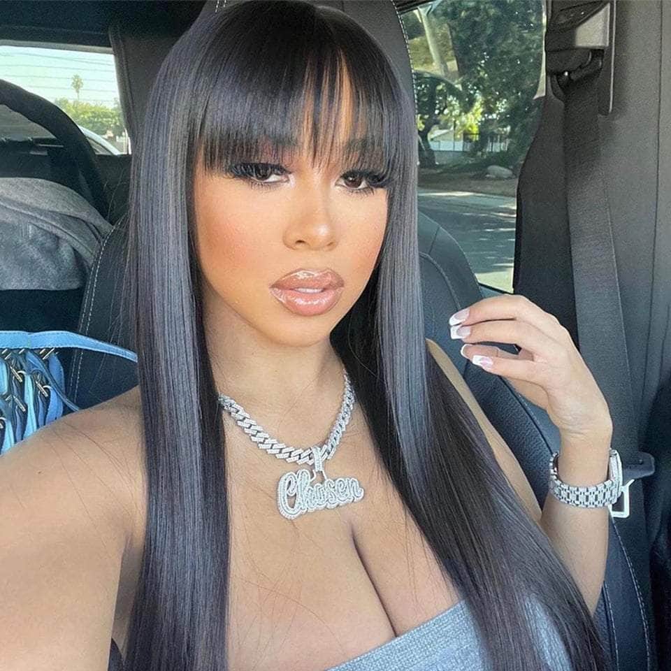 Cutie Girl! Natural Black Straight Lace Frontal Wig With Bangs