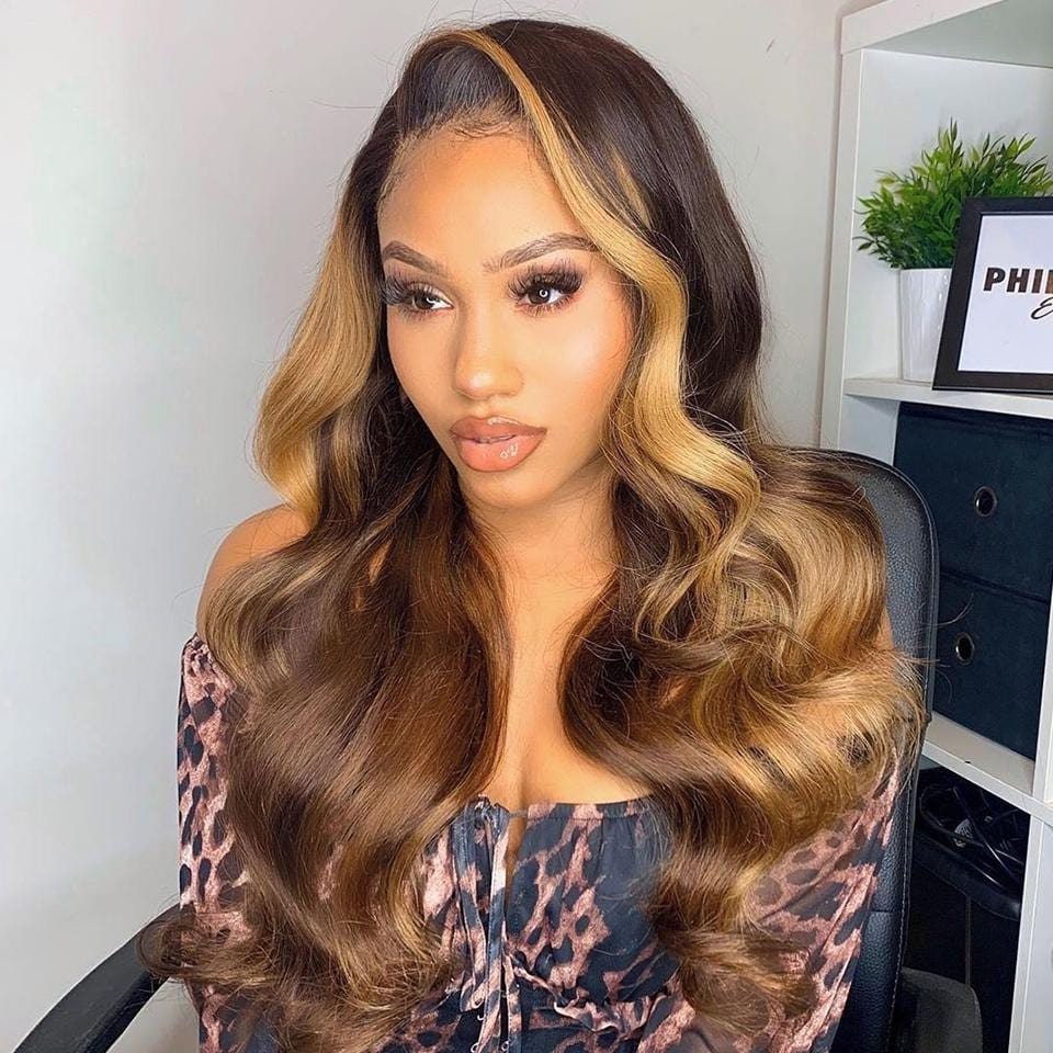 Highlights Ombre Honey Brown Colored Loose Wave Lace Wigs
