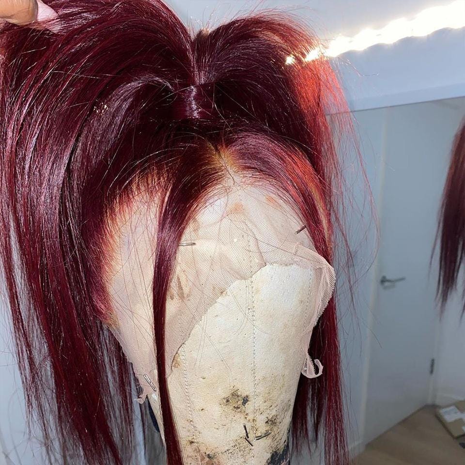 College Students Affordable Vibrant Burgundy Lustrous Straight Lace Frontal Wig