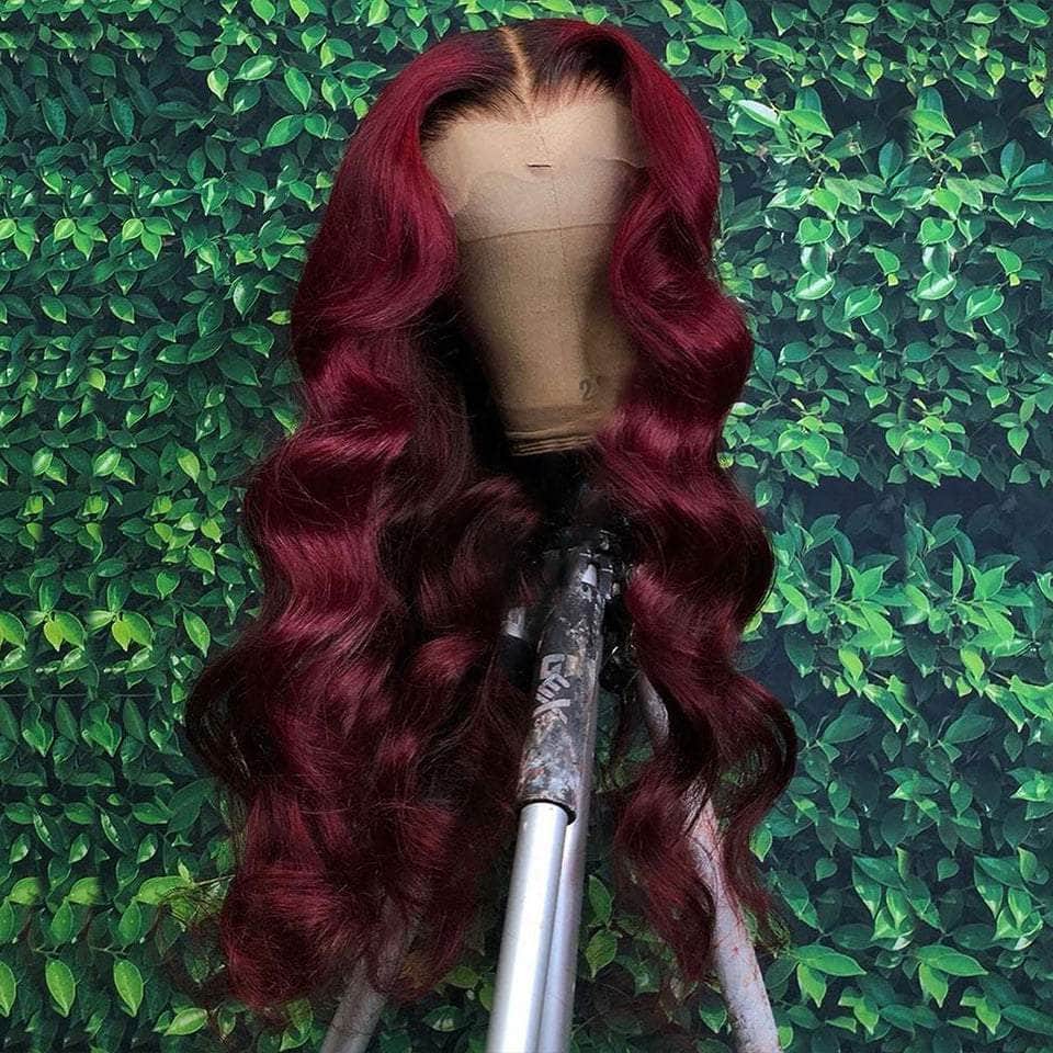 Middle Part Black Roots T1b / 99J Burgundy Loose Wave Lace Frontal Wig