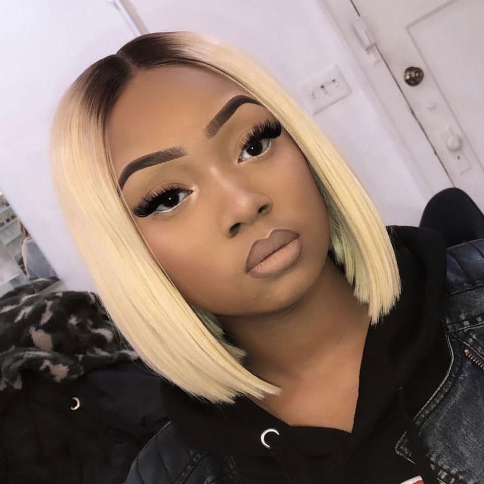 Black Roots Ombre Blonde Color Straight Bob 13*6 Lace Frontal Wig Middle Part