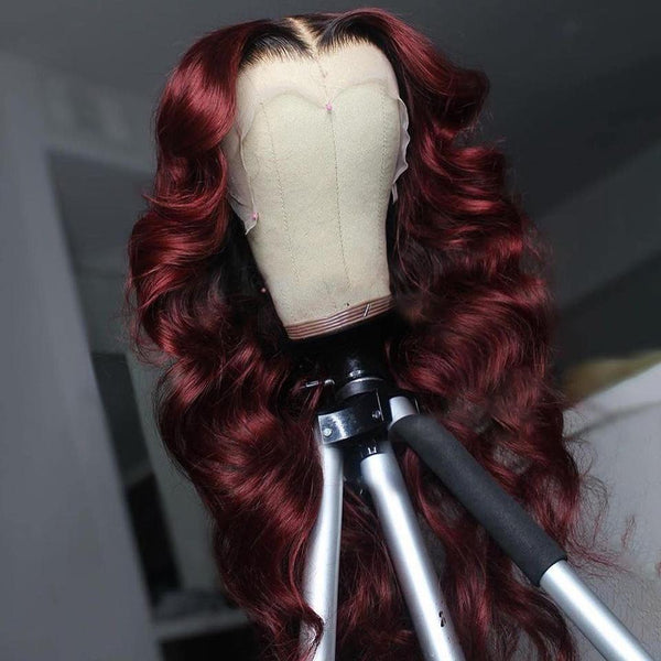 Black Roots Ombre Burgundy 99j Body Wave Lace Frontal Wig