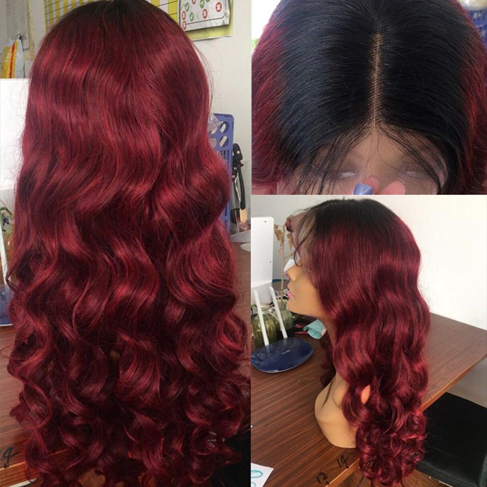 Black Roots Ombre Warm Burgundy Loose Wave Lace Frontal Wig