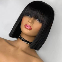 Blunt Cut Cute Bangs Look Natural Black Straight Bob Lace Frontal Wig