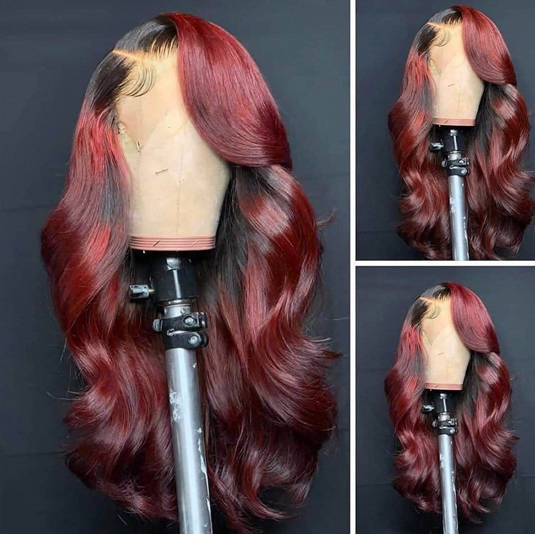 Black Roots Ombre Warm Burgundy Loose Wave Lace Frontal Wig