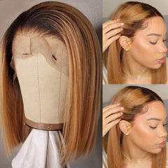 Black Roots Ombre Honey Brown Graceful Silky Straight Bob Lace Frontal Wig