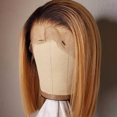 Black Roots Ombre Honey Brown Graceful Silky Straight Bob Lace Frontal Wig