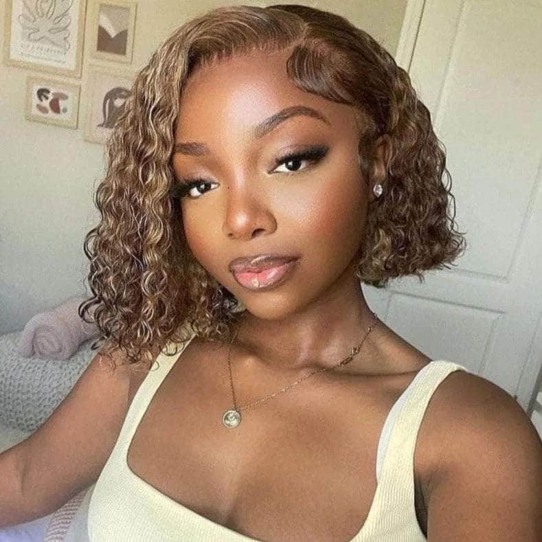 Left Part Highlight Curly Bob 13x4 Lace Frontal Wig