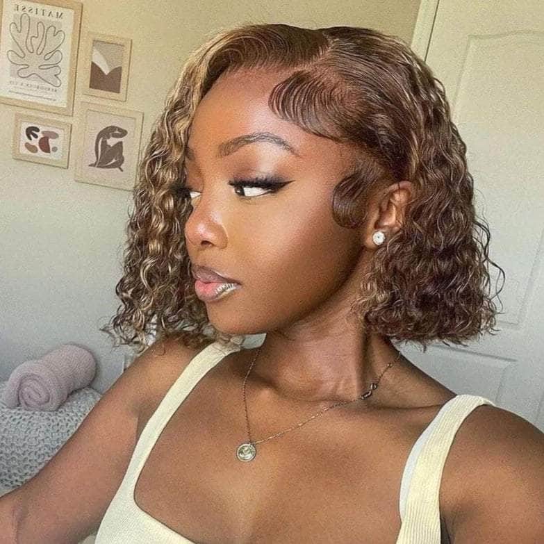 Left Part Highlight Curly Bob 13x4 Lace Frontal Wig