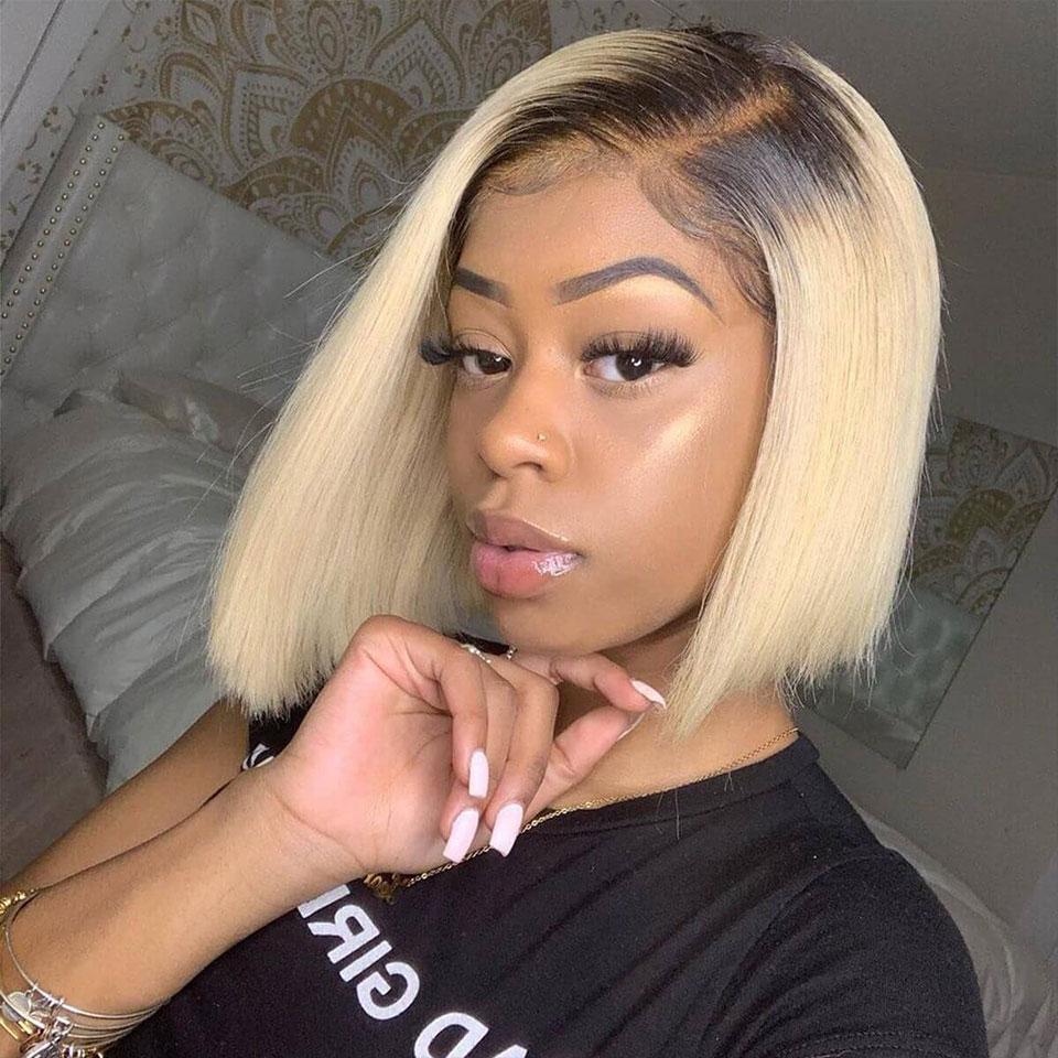 Black Roots Ombre Blonde Color Straight Bob 13*6 Lace Frontal Wig Middle Part