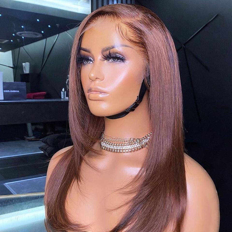 Warm Brown Color Inner Buckle Straight Lace Frontal Wig