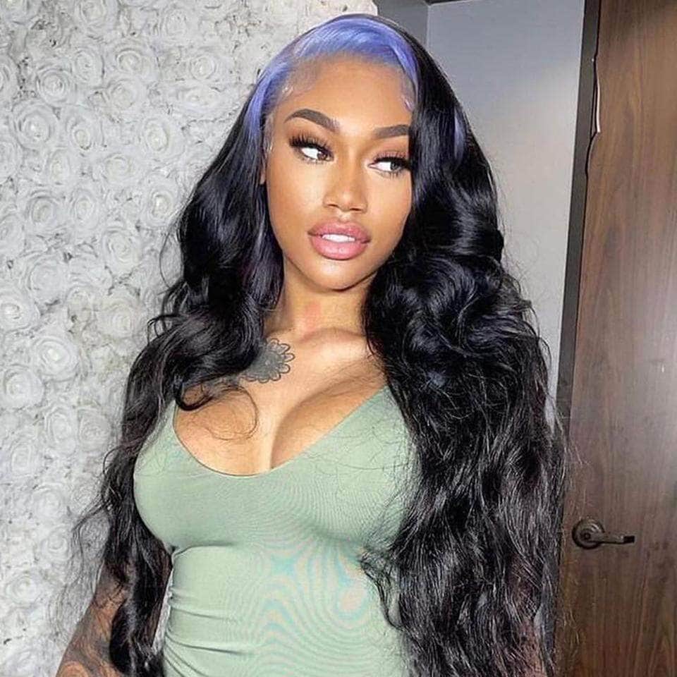 Billie Eilish Style Deep Part Green Pink Blue Roots On Black Hair Body Wave 13*6 Lace Front Wig