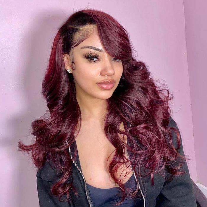 Promotion! Buy now and get a free pair of eyelashes! Black Roots Vibrant Burgundy Loose Wave Lace Frontal Wig.