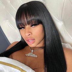 Cutie Girl! Natural Black Straight Lace Frontal Wig With Bangs