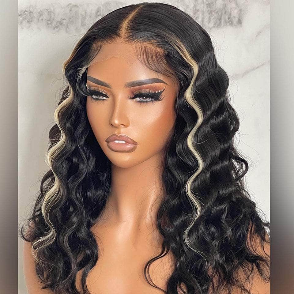 Mix Blonde And Natural Black Middle Part Deep Wave Lace Frontal Wig