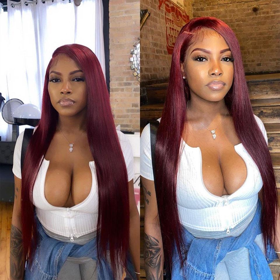 College Students Affordable Vibrant Burgundy Lustrous Straight Lace Frontal Wig