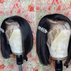 Natural Black Color Bone-Straight Blunt Bob Lace Frontal Wig