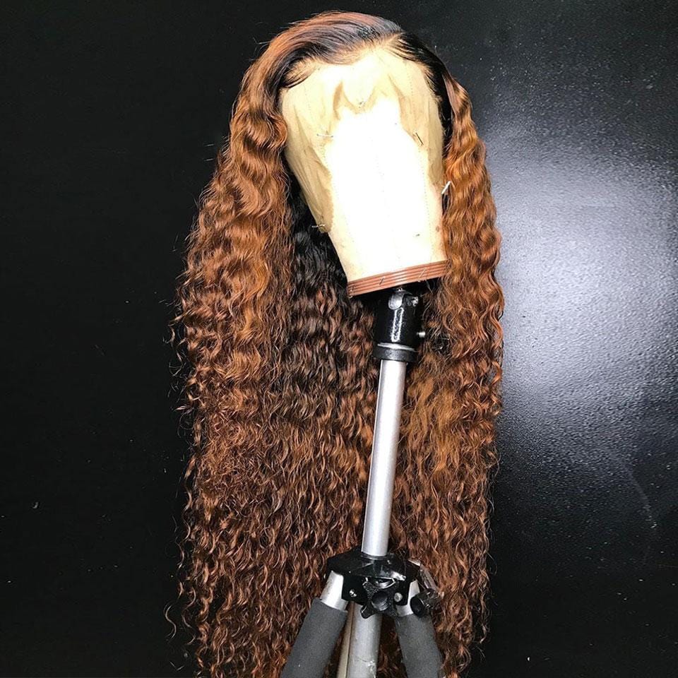 Black Roots Ombre Honey Brown Romantic Wave Lace Frontal Lace Wig