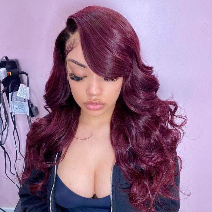 Promotion! Buy now and get a free pair of eyelashes! Black Roots Vibrant Burgundy Loose Wave Lace Frontal Wig.