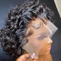 Flash Sale! Bouncy Curl Short Pixie Bob Lace Front Human Hair Wig 200% Density