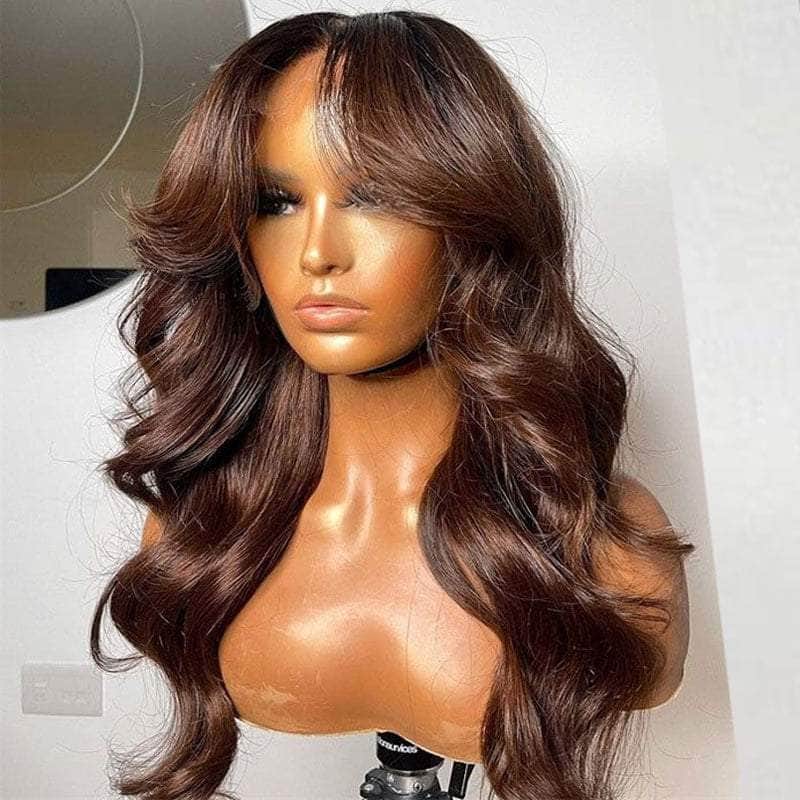 Black Roots Dark Brown Body Wave Lace Frontal Wig Middle Part