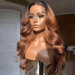 Black Roots Cinnamon Brown Color Body Wave Lace Frontal Wig