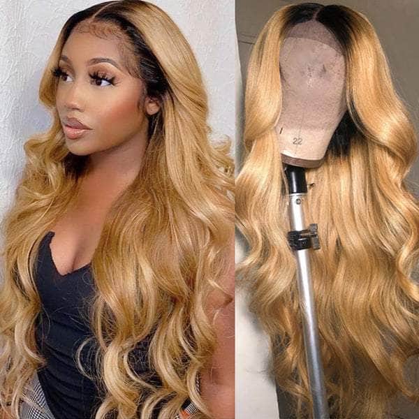 Kash Doll Style Black Roots Honey Brown Ombre Loose Wave Lace Frontal Wig