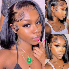 Customized Parts Friendly! Lustrous Natrual Black Straight Bob Lace Frontal Wig